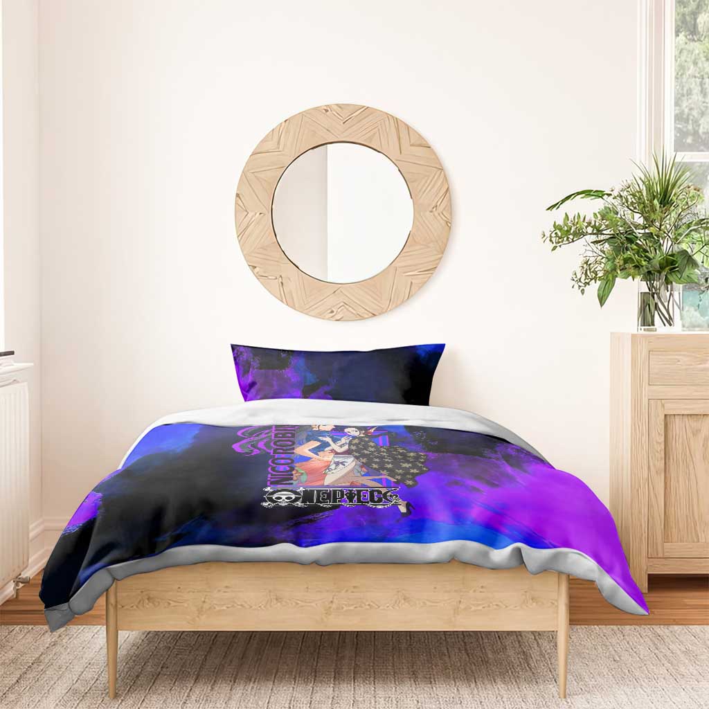 Nico Robin One Piece Purple and Blue Theme Bedding Set with Floral Cape and Archaeologist Pose Design - The Mazicc