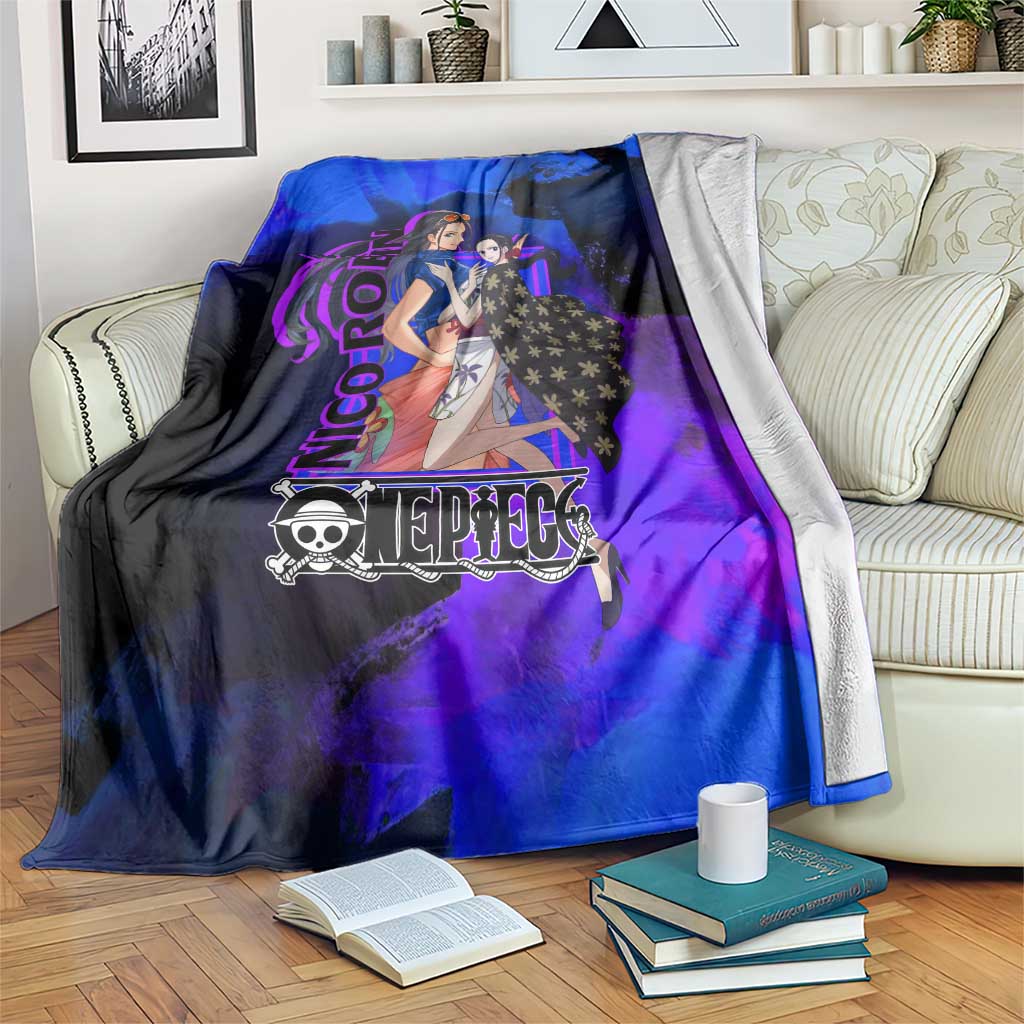 Nico Robin One Piece Purple and Blue Theme Blanket with Floral Cape and Archaeologist Pose Design - The Mazicc