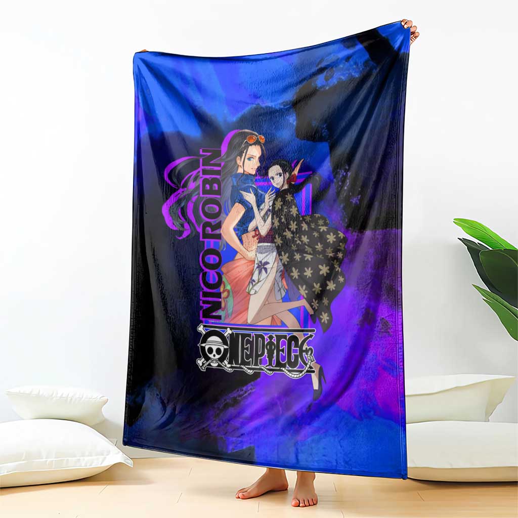 Nico Robin One Piece Purple and Blue Theme Blanket with Floral Cape and Archaeologist Pose Design - The Mazicc
