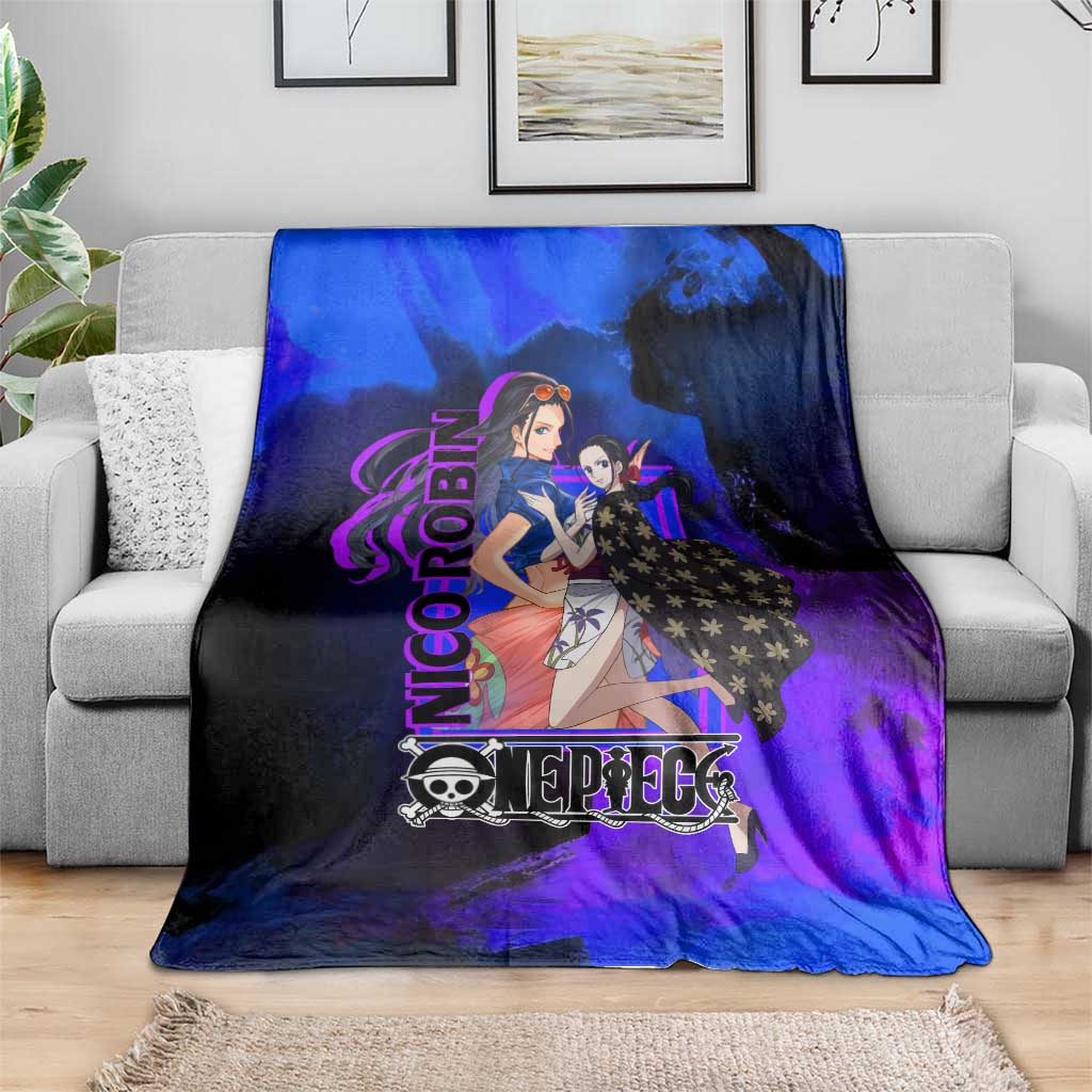 Nico Robin One Piece Purple and Blue Theme Blanket with Floral Cape and Archaeologist Pose Design - The Mazicc
