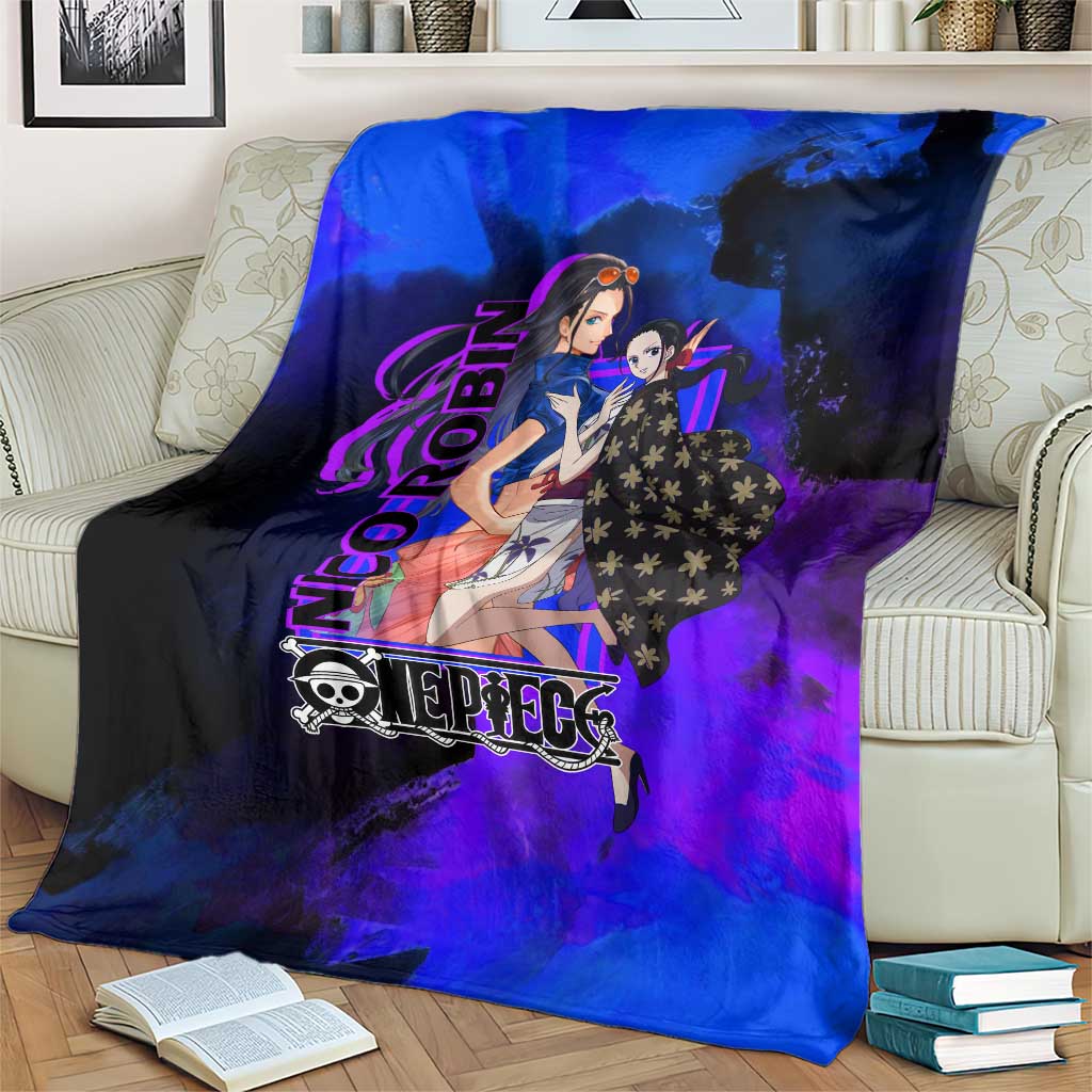 Nico Robin One Piece Purple and Blue Theme Blanket with Floral Cape and Archaeologist Pose Design - The Mazicc