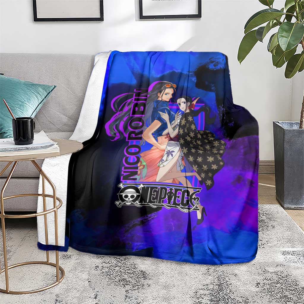 Nico Robin One Piece Purple and Blue Theme Blanket with Floral Cape and Archaeologist Pose Design - The Mazicc