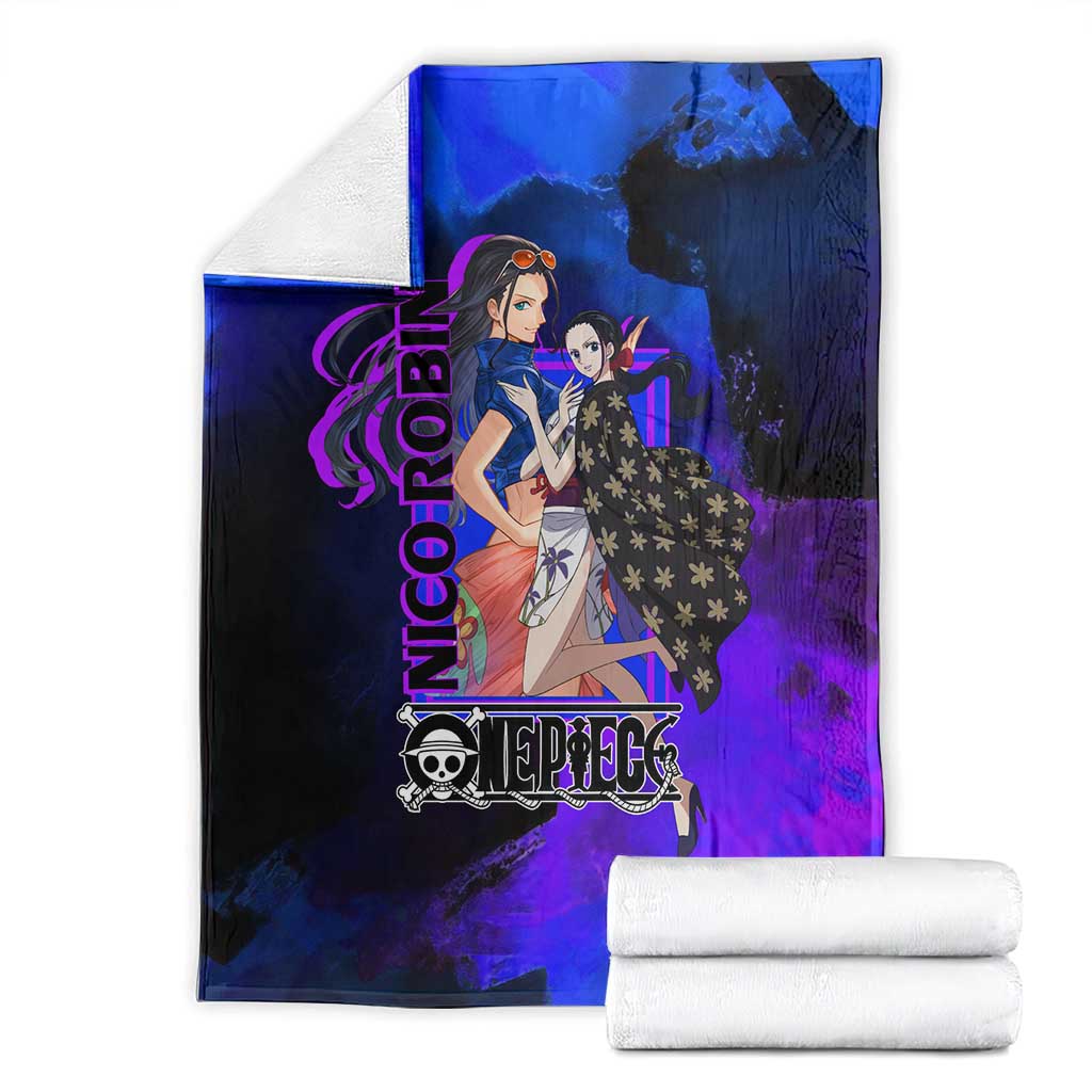 Nico Robin One Piece Purple and Blue Theme Blanket with Floral Cape and Archaeologist Pose Design - The Mazicc