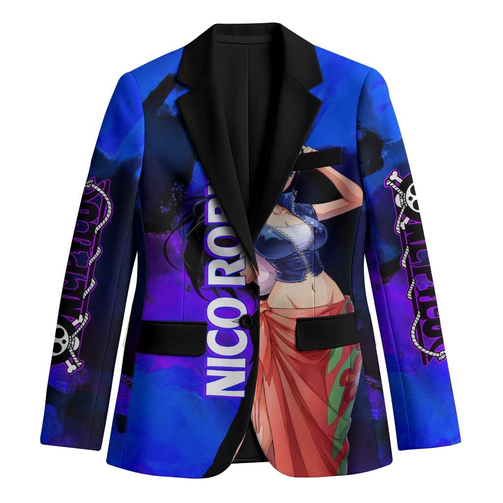 Nico Robin One Piece Purple and Blue Theme Blazer with Floral Cape and Archaeologist Pose Design - The Mazicc