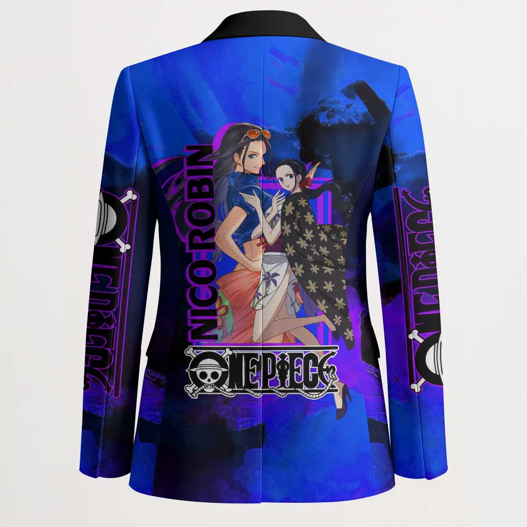 Nico Robin One Piece Purple and Blue Theme Blazer with Floral Cape and Archaeologist Pose Design - The Mazicc