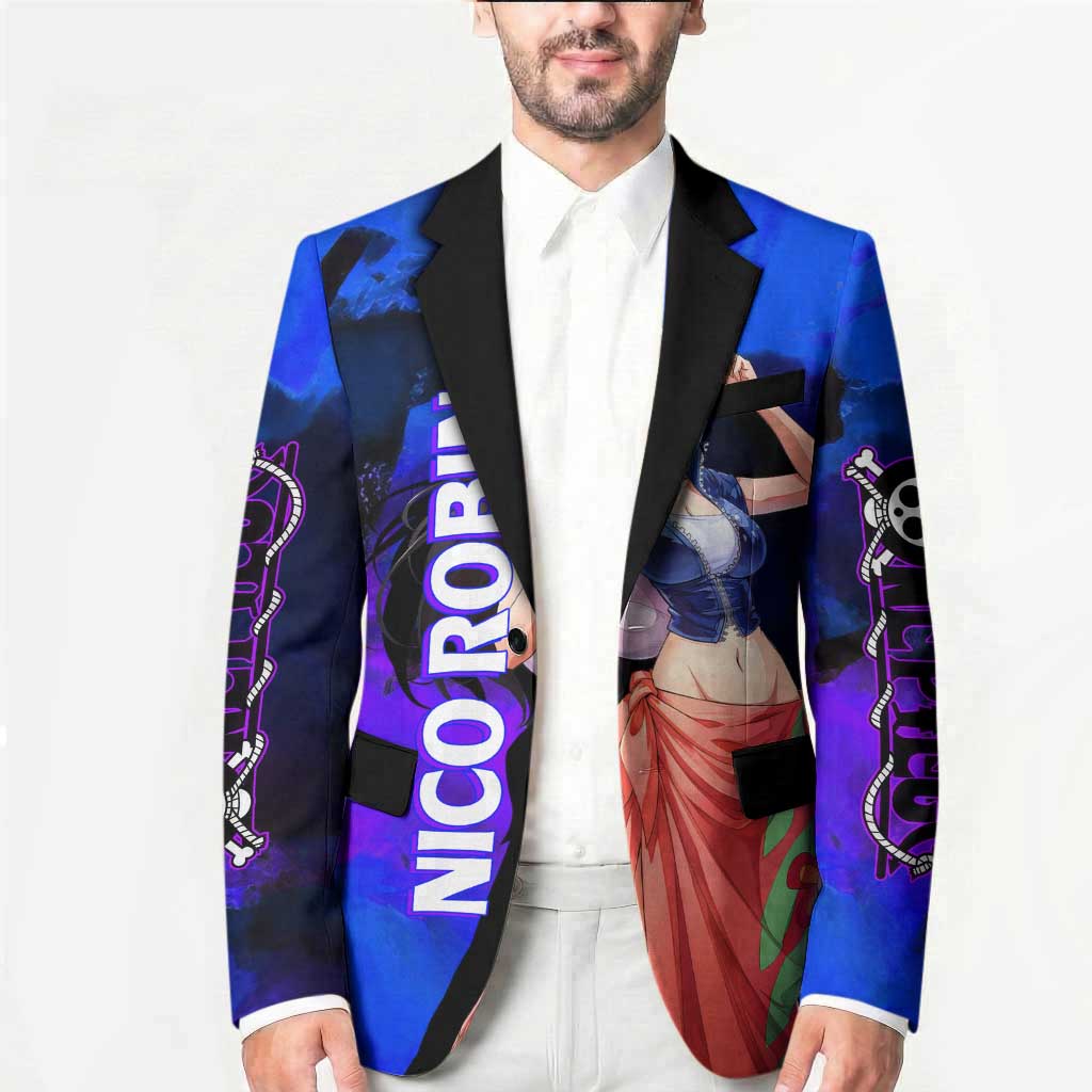 Nico Robin One Piece Purple and Blue Theme Blazer with Floral Cape and Archaeologist Pose Design - The Mazicc