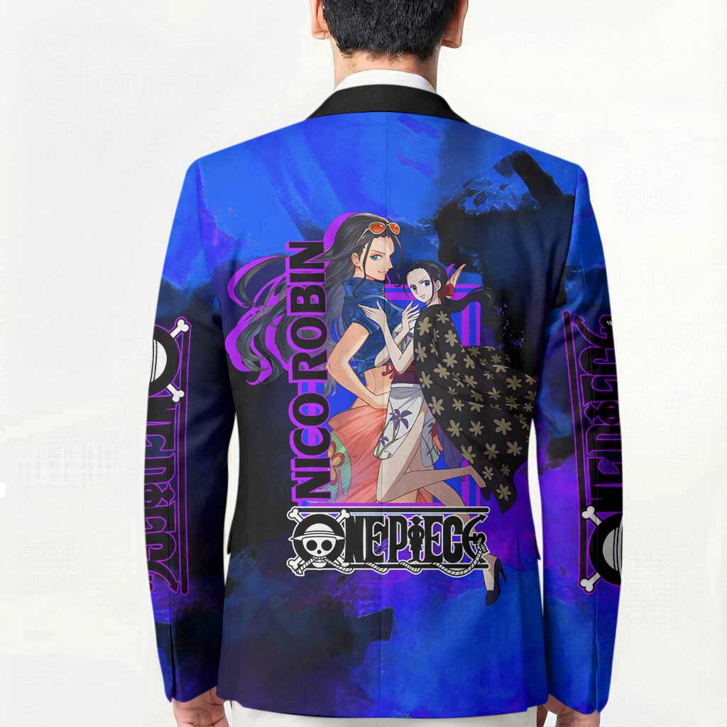 Nico Robin One Piece Purple and Blue Theme Blazer with Floral Cape and Archaeologist Pose Design - The Mazicc