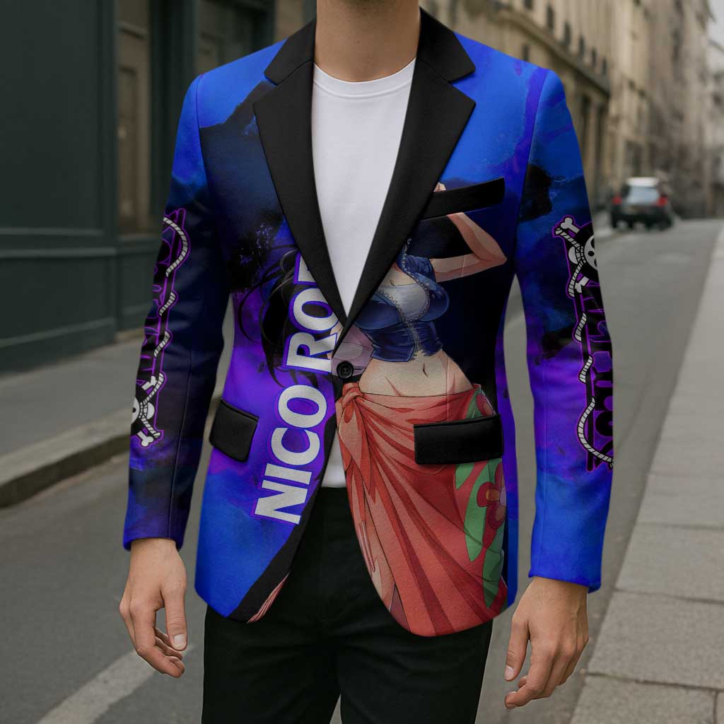Nico Robin One Piece Purple and Blue Theme Blazer with Floral Cape and Archaeologist Pose Design - The Mazicc
