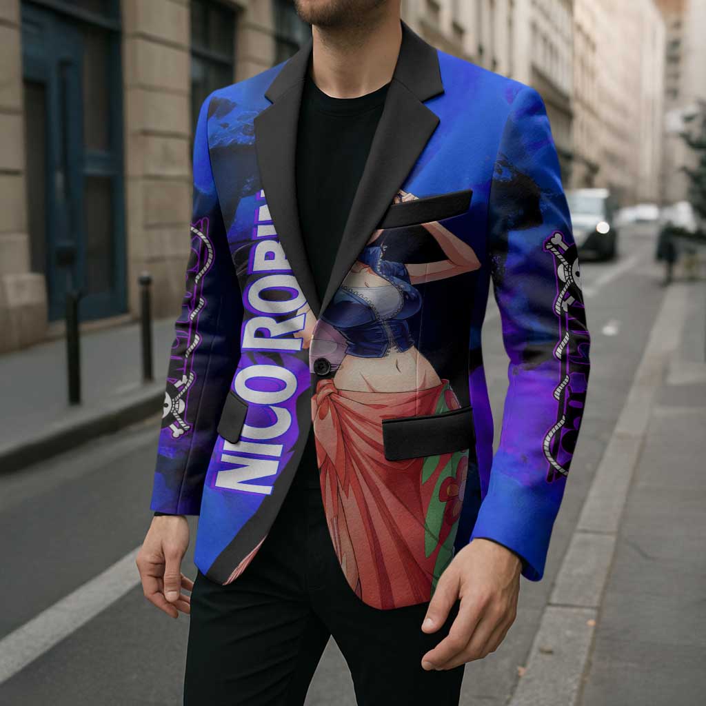 Nico Robin One Piece Purple and Blue Theme Blazer with Floral Cape and Archaeologist Pose Design - The Mazicc