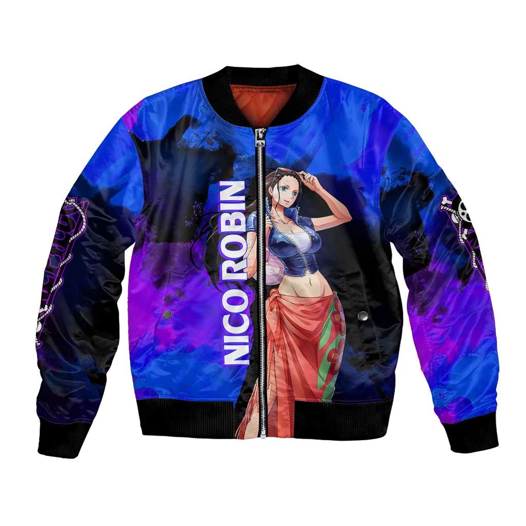 Nico Robin One Piece Purple and Blue Theme Bomber Jacket with Floral Cape and Archaeologist Pose Design - The Mazicc