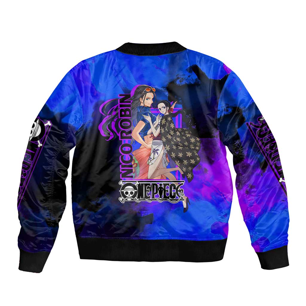 Nico Robin One Piece Purple and Blue Theme Bomber Jacket with Floral Cape and Archaeologist Pose Design - The Mazicc