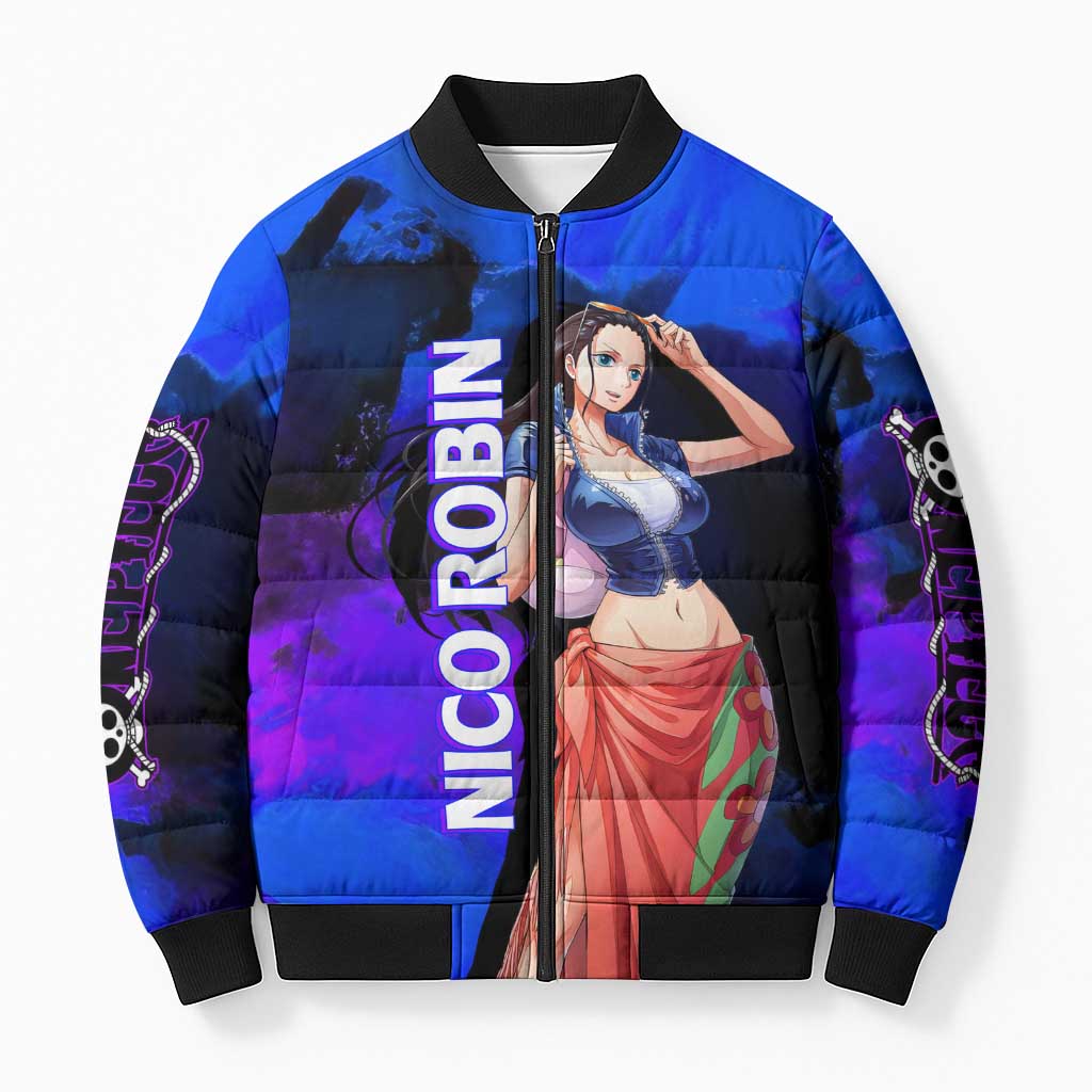 Nico Robin One Piece Purple and Blue Theme Bomber Puffer Jacket with Floral Cape and Archaeologist Pose Design - The Mazicc