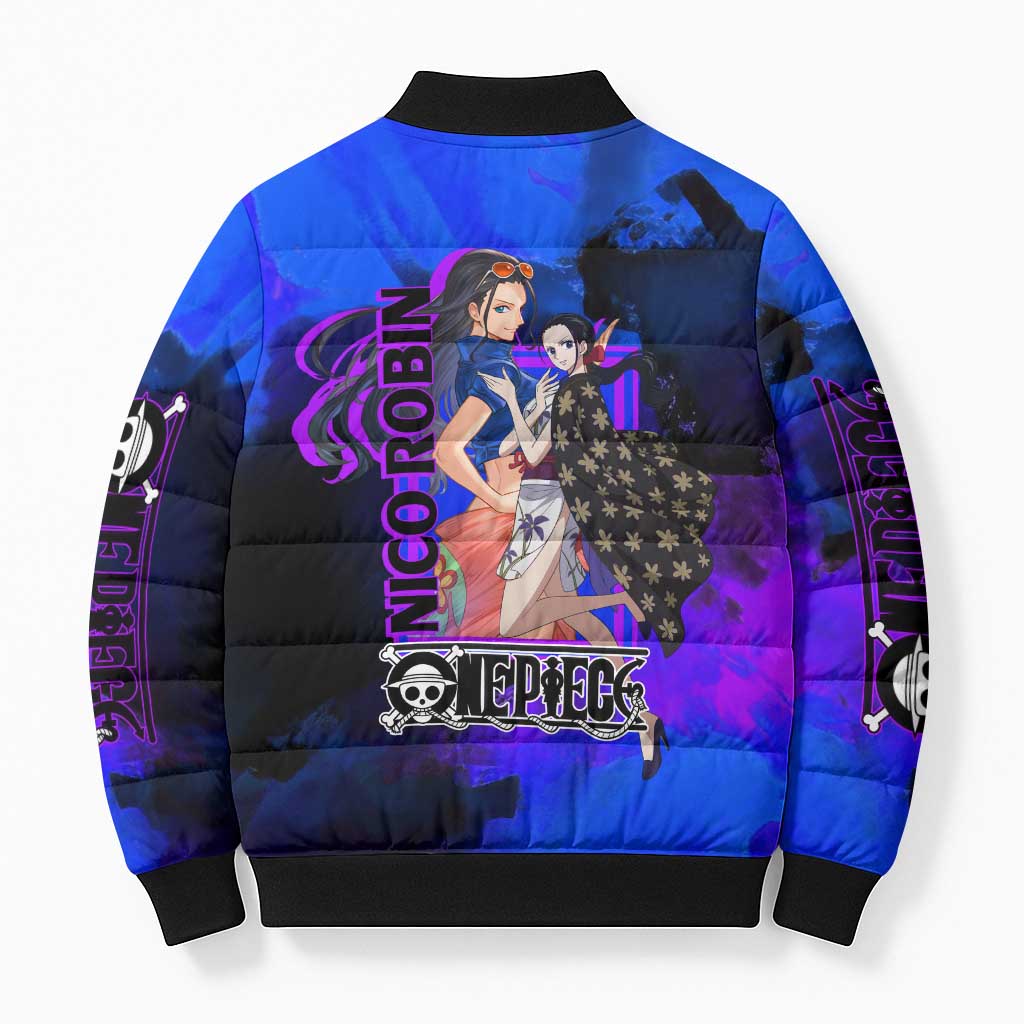 Nico Robin One Piece Purple and Blue Theme Bomber Puffer Jacket with Floral Cape and Archaeologist Pose Design - The Mazicc
