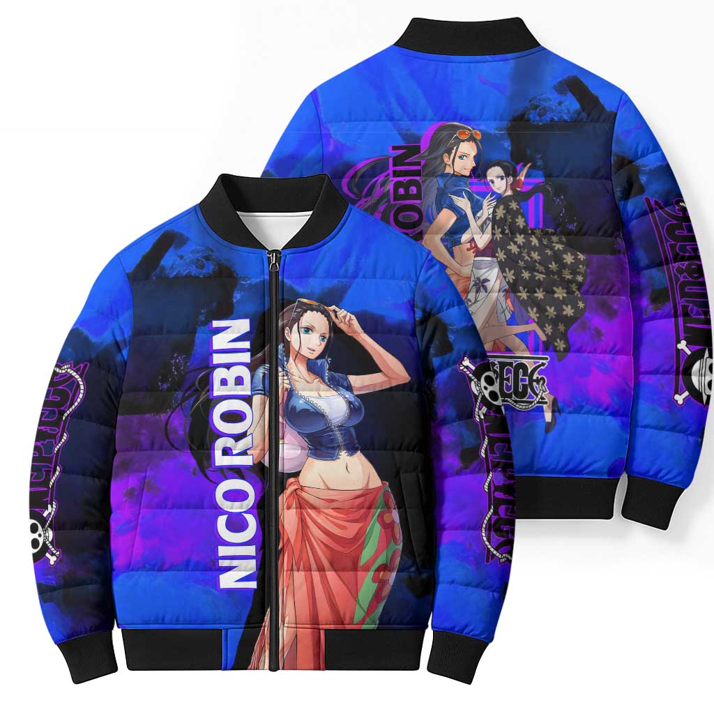 Nico Robin One Piece Purple and Blue Theme Bomber Puffer Jacket with Floral Cape and Archaeologist Pose Design - The Mazicc