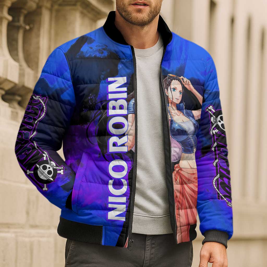 Nico Robin One Piece Purple and Blue Theme Bomber Puffer Jacket with Floral Cape and Archaeologist Pose Design - The Mazicc