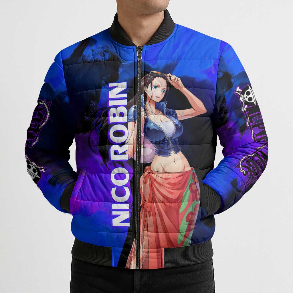 Nico Robin One Piece Purple and Blue Theme Bomber Puffer Jacket with Floral Cape and Archaeologist Pose Design - The Mazicc