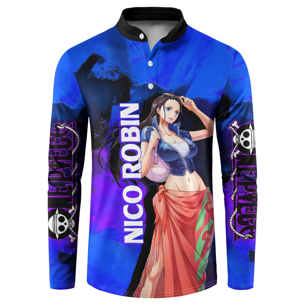 Nico Robin One Piece Purple and Blue Theme Button Sweatshirt with Floral Cape and Archaeologist Pose Design - The Mazicc