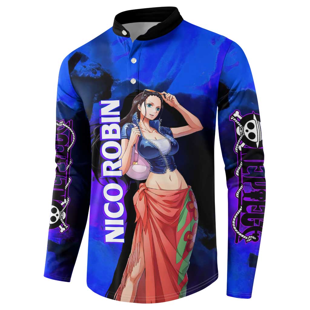 Nico Robin One Piece Purple and Blue Theme Button Sweatshirt with Floral Cape and Archaeologist Pose Design - The Mazicc