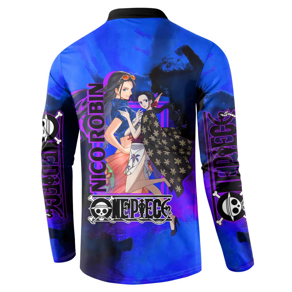 Nico Robin One Piece Purple and Blue Theme Button Sweatshirt with Floral Cape and Archaeologist Pose Design - The Mazicc