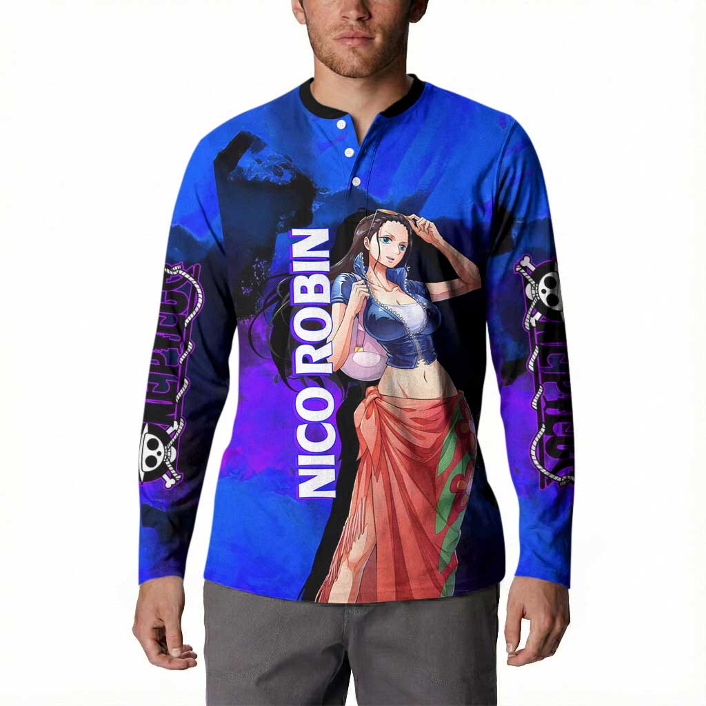 Nico Robin One Piece Purple and Blue Theme Button Sweatshirt with Floral Cape and Archaeologist Pose Design - The Mazicc