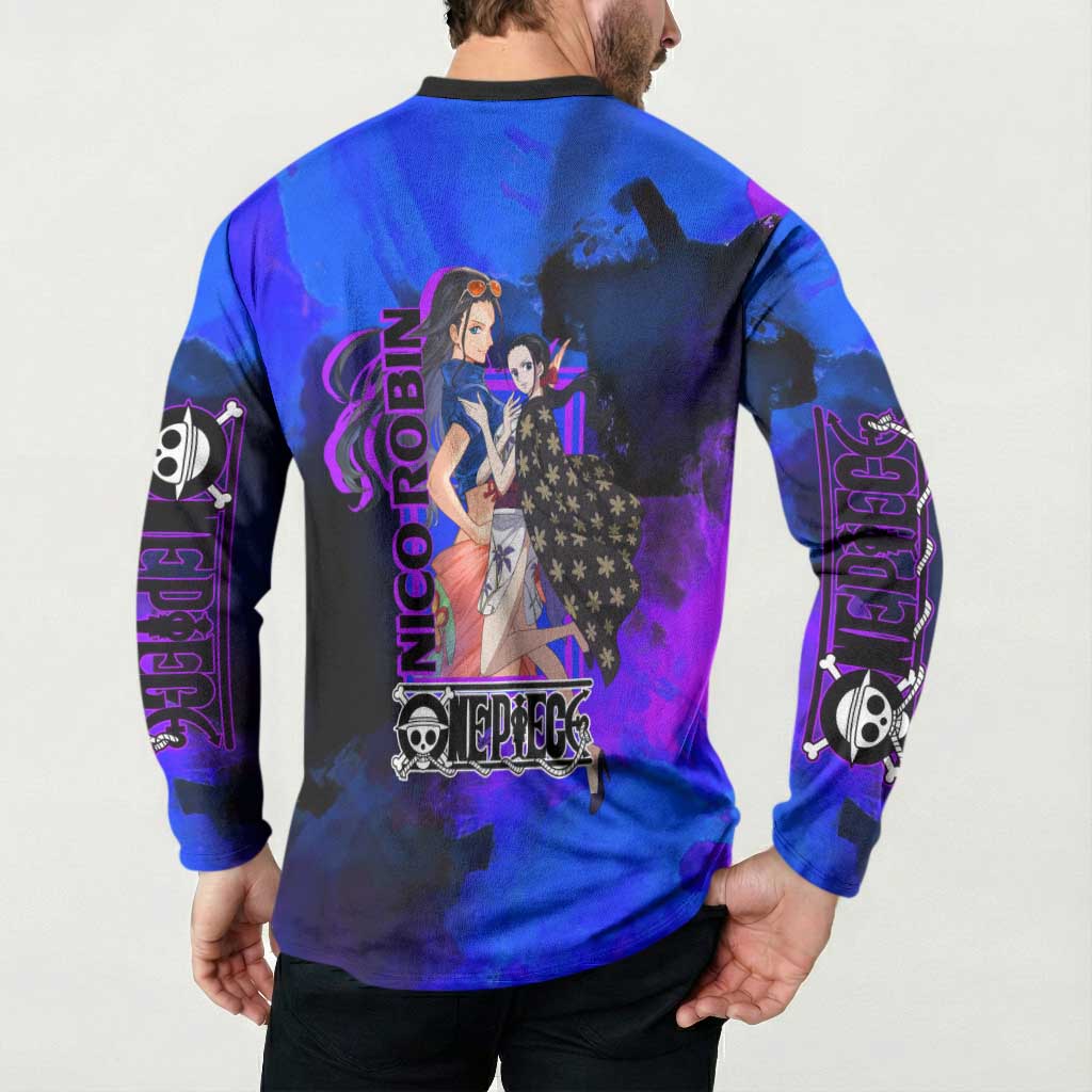 Nico Robin One Piece Purple and Blue Theme Button Sweatshirt with Floral Cape and Archaeologist Pose Design - The Mazicc