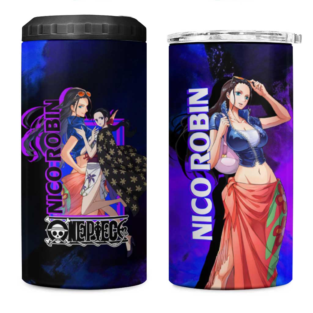 Nico Robin One Piece Purple and Blue Theme 4 in 1 Can Cooler Tumbler with Floral Cape and Archaeologist Pose Design - The Mazicc