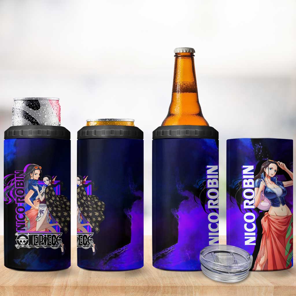 Nico Robin One Piece Purple and Blue Theme 4 in 1 Can Cooler Tumbler with Floral Cape and Archaeologist Pose Design - The Mazicc