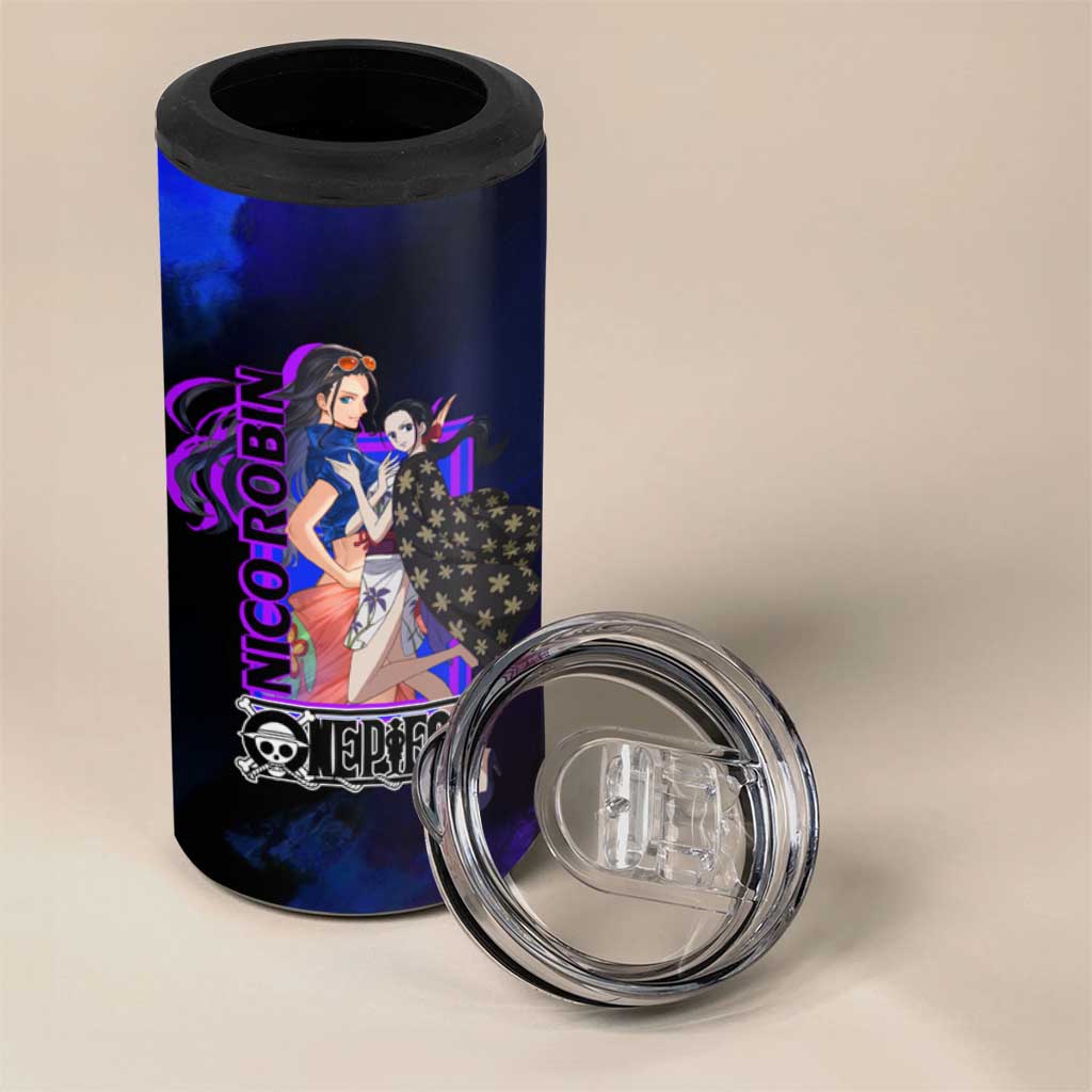 Nico Robin One Piece Purple and Blue Theme 4 in 1 Can Cooler Tumbler with Floral Cape and Archaeologist Pose Design - The Mazicc