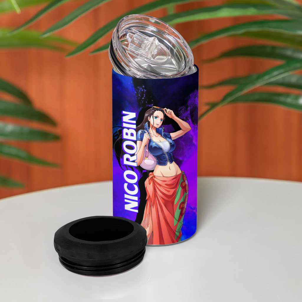 Nico Robin One Piece Purple and Blue Theme 4 in 1 Can Cooler Tumbler with Floral Cape and Archaeologist Pose Design - The Mazicc