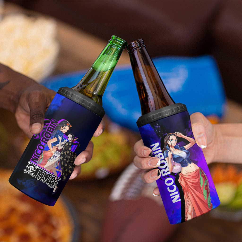 Nico Robin One Piece Purple and Blue Theme 4 in 1 Can Cooler Tumbler with Floral Cape and Archaeologist Pose Design - The Mazicc