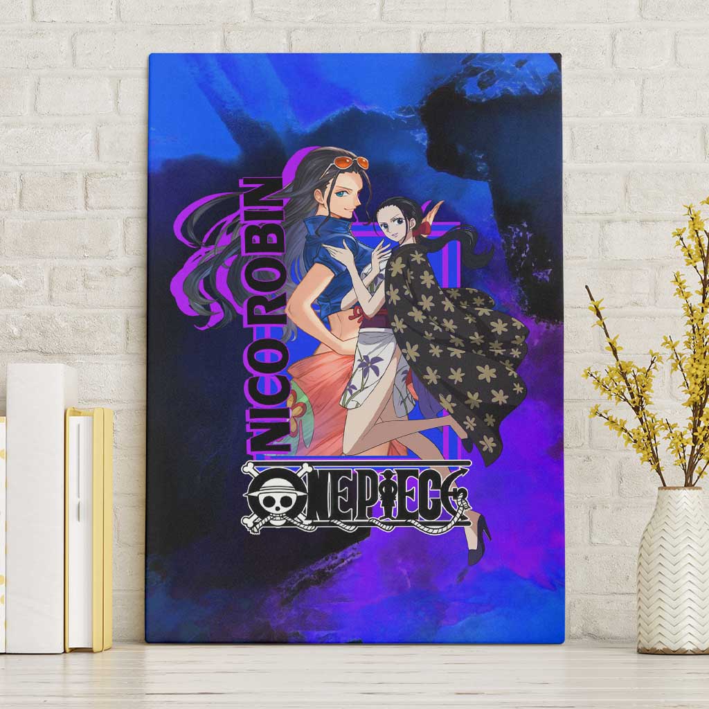 Nico Robin One Piece Purple and Blue Theme Canvas Wall Art with Floral Cape and Archaeologist Pose Design - The Mazicc
