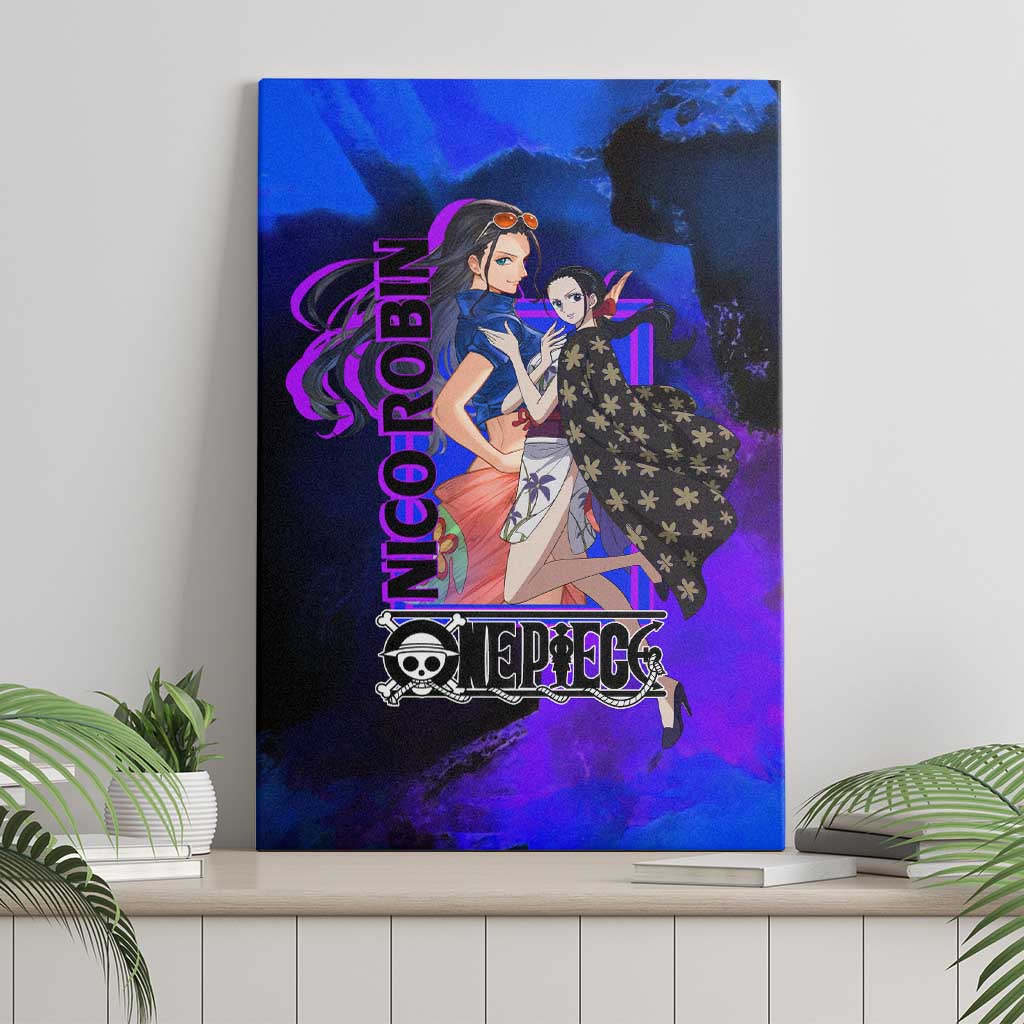 Nico Robin One Piece Purple and Blue Theme Canvas Wall Art with Floral Cape and Archaeologist Pose Design - The Mazicc