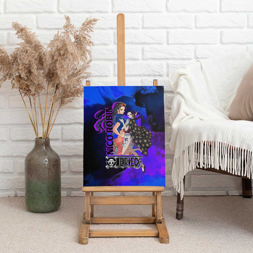 Nico Robin One Piece Purple and Blue Theme Canvas Wall Art with Floral Cape and Archaeologist Pose Design - The Mazicc