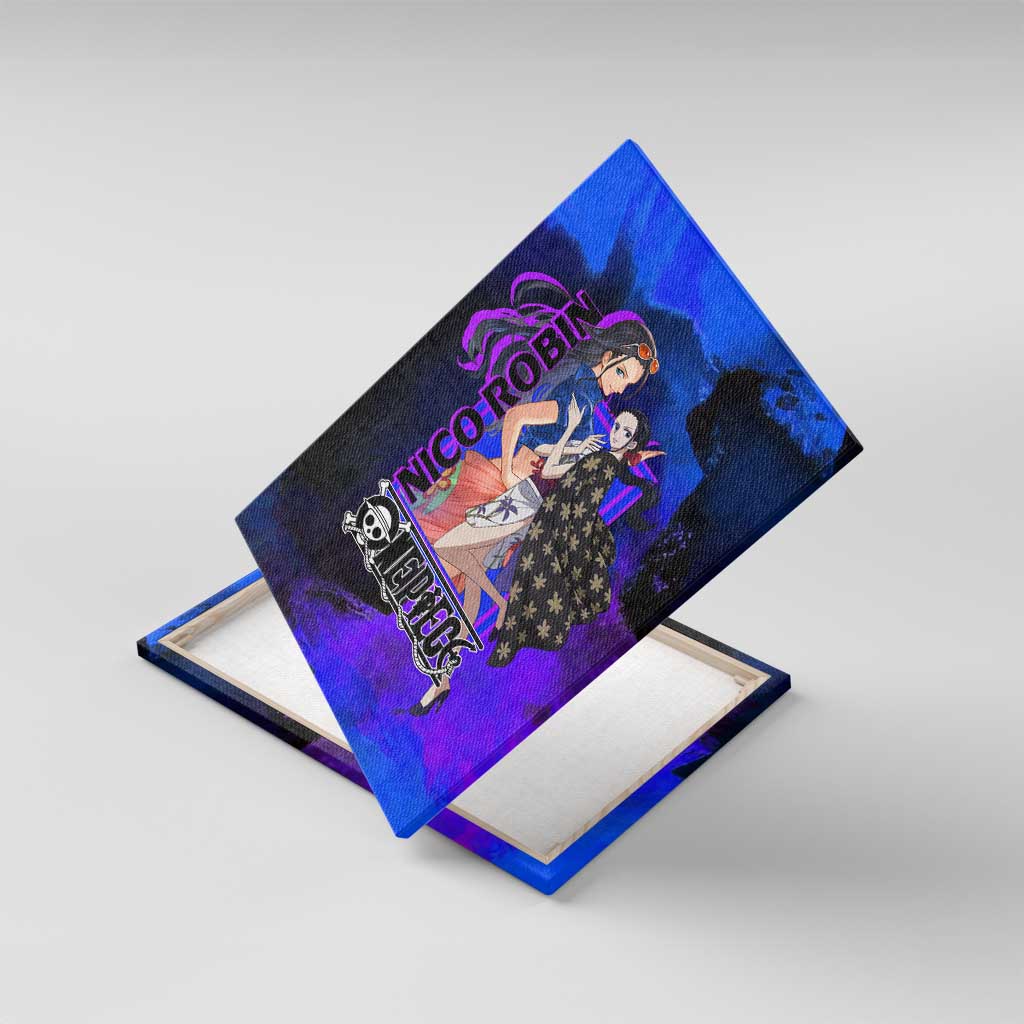 Nico Robin One Piece Purple and Blue Theme Canvas Wall Art with Floral Cape and Archaeologist Pose Design - The Mazicc