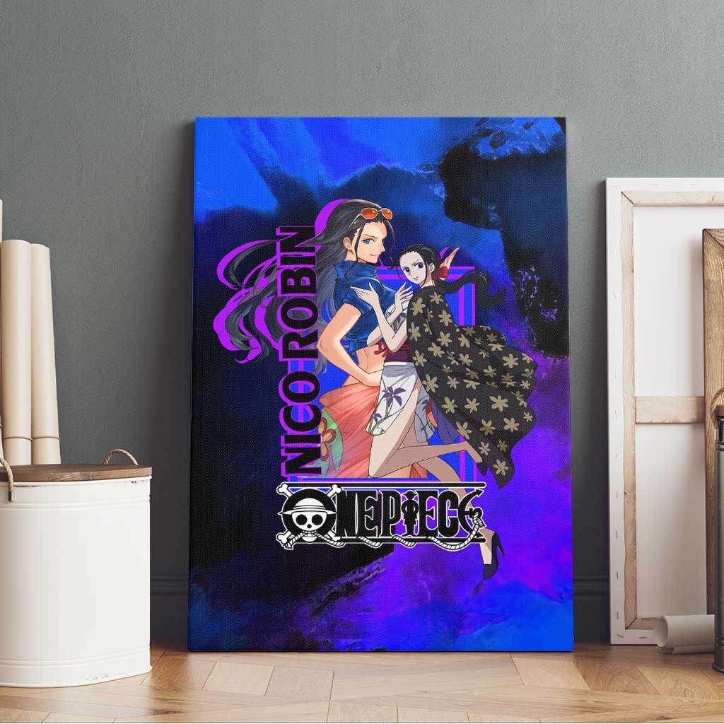 Nico Robin One Piece Purple and Blue Theme Canvas Wall Art with Floral Cape and Archaeologist Pose Design - The Mazicc
