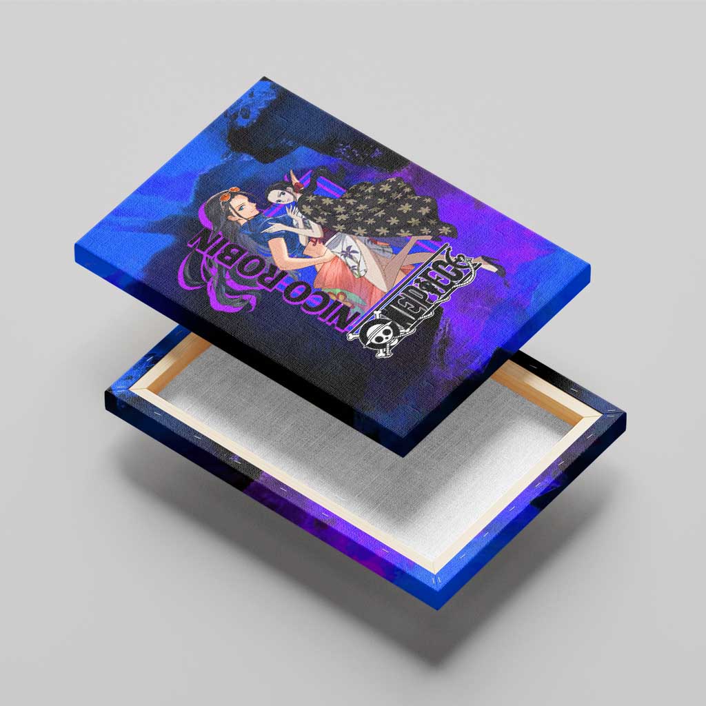 Nico Robin One Piece Purple and Blue Theme Canvas Wall Art with Floral Cape and Archaeologist Pose Design - The Mazicc