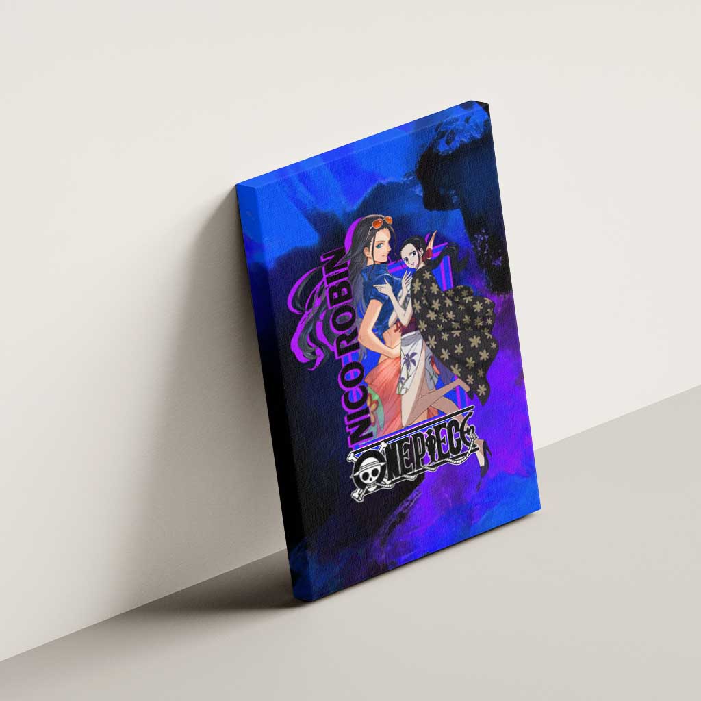 Nico Robin One Piece Purple and Blue Theme Canvas Wall Art with Floral Cape and Archaeologist Pose Design - The Mazicc