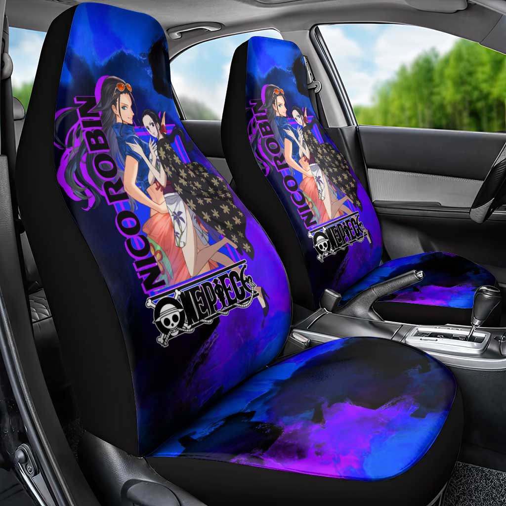 Nico Robin One Piece Purple and Blue Theme Car Seat Cover with Floral Cape and Archaeologist Pose Design - The Mazicc