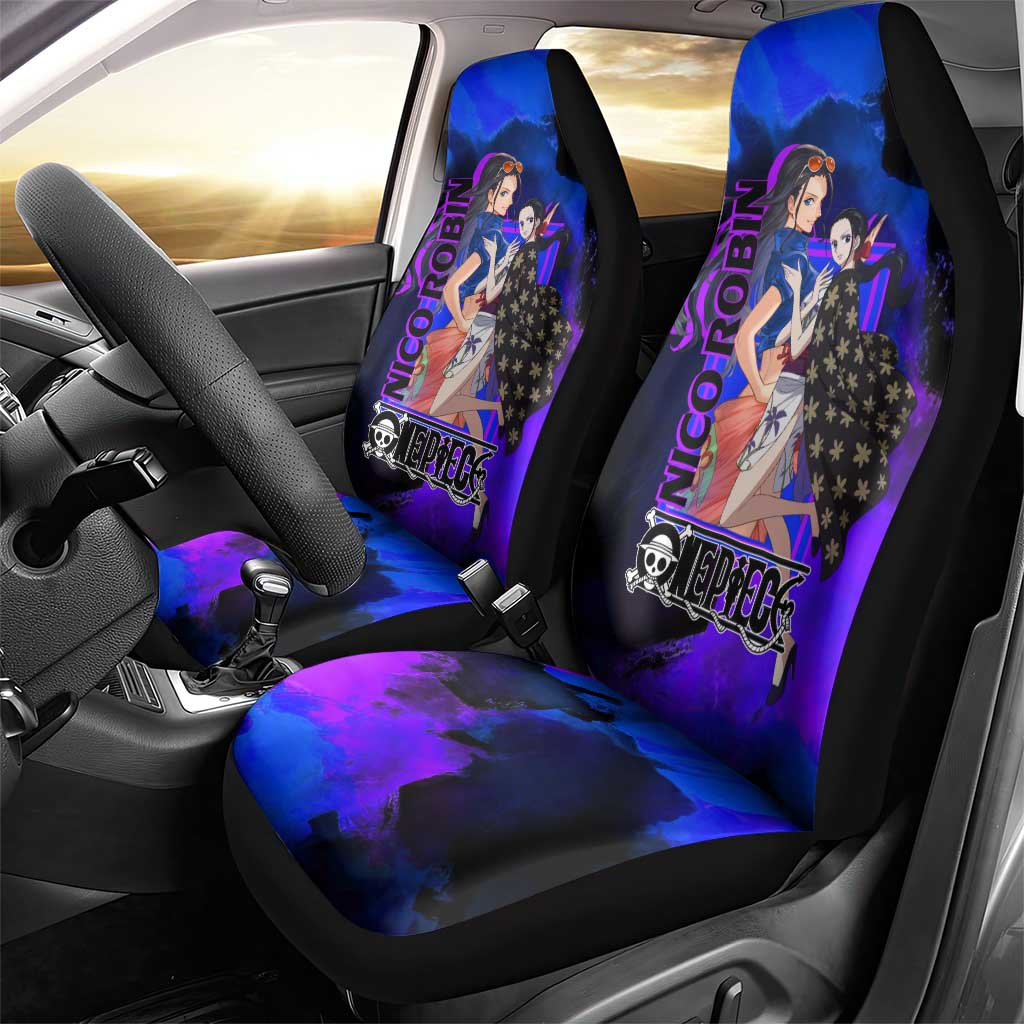 Nico Robin One Piece Purple and Blue Theme Car Seat Cover with Floral Cape and Archaeologist Pose Design - The Mazicc