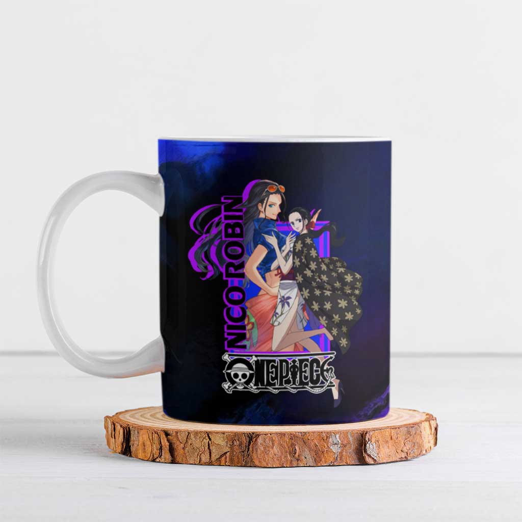 Nico Robin One Piece Purple and Blue Theme Ceramic Mug with Floral Cape and Archaeologist Pose Design - The Mazicc