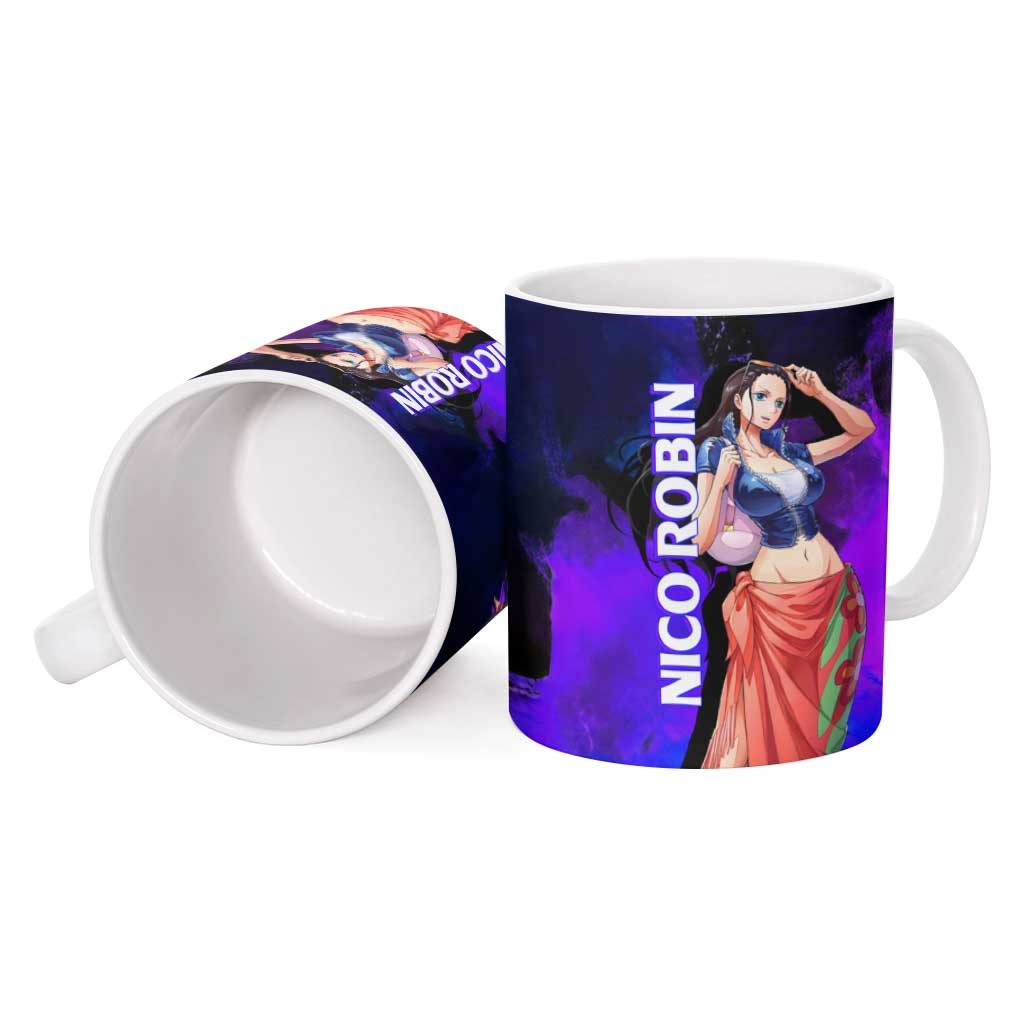 Nico Robin One Piece Purple and Blue Theme Ceramic Mug with Floral Cape and Archaeologist Pose Design - The Mazicc