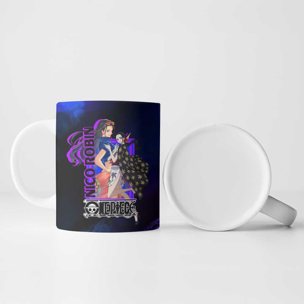 Nico Robin One Piece Purple and Blue Theme Ceramic Mug with Floral Cape and Archaeologist Pose Design - The Mazicc