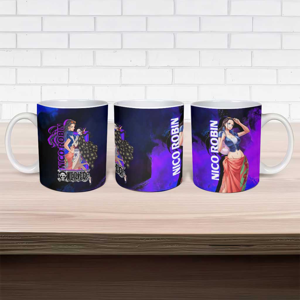 Nico Robin One Piece Purple and Blue Theme Ceramic Mug with Floral Cape and Archaeologist Pose Design - The Mazicc