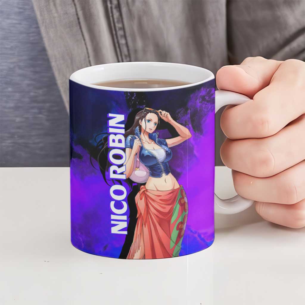 Nico Robin One Piece Purple and Blue Theme Ceramic Mug with Floral Cape and Archaeologist Pose Design - The Mazicc