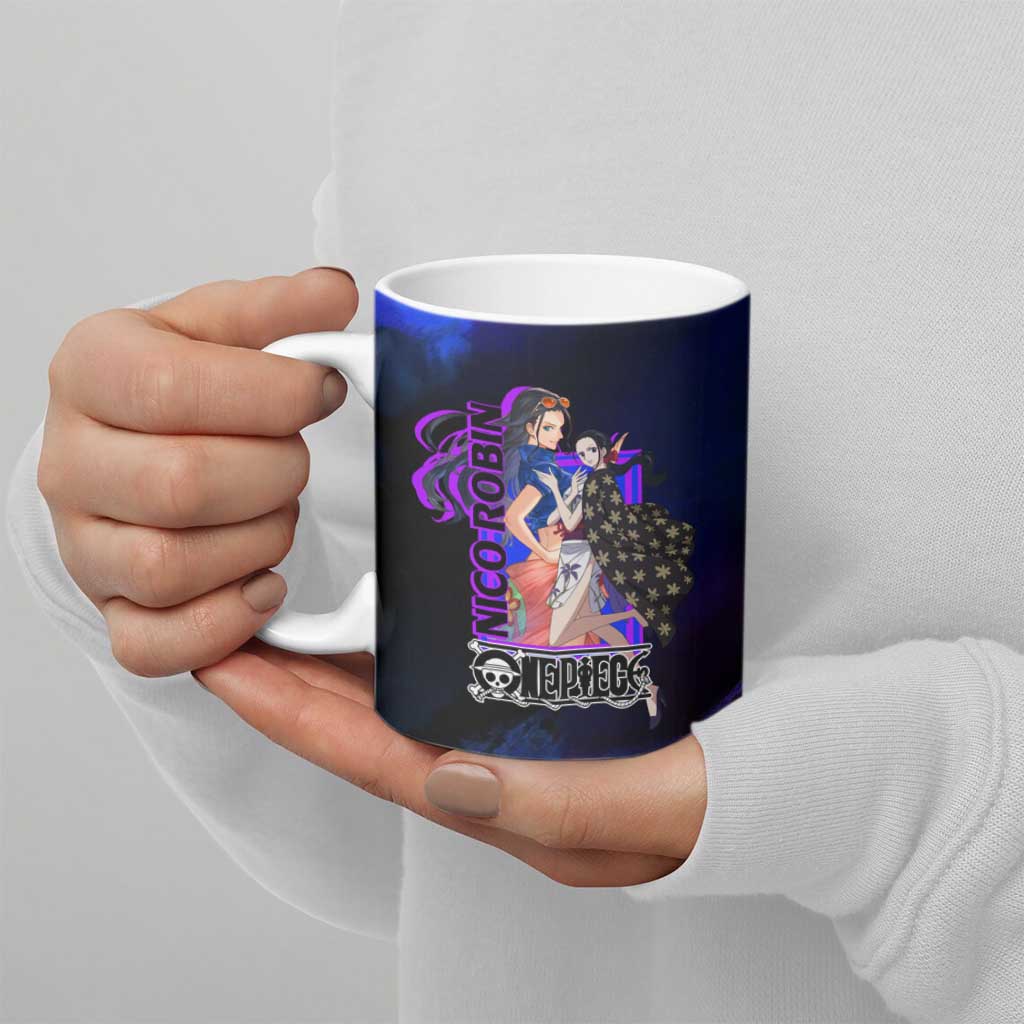 Nico Robin One Piece Purple and Blue Theme Ceramic Mug with Floral Cape and Archaeologist Pose Design - The Mazicc