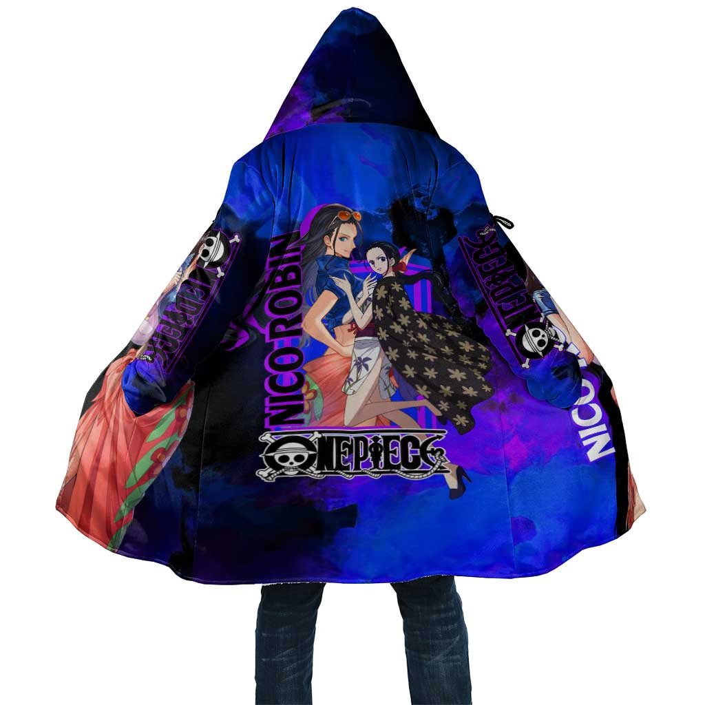 Nico Robin One Piece Purple and Blue Theme Cloak with Floral Cape and Archaeologist Pose Design - The Mazicc