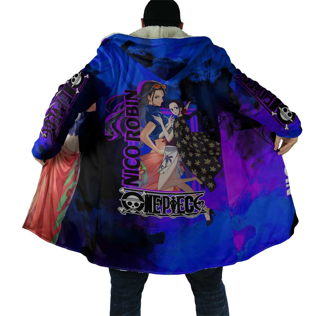 Nico Robin One Piece Purple and Blue Theme Cloak with Floral Cape and Archaeologist Pose Design - The Mazicc