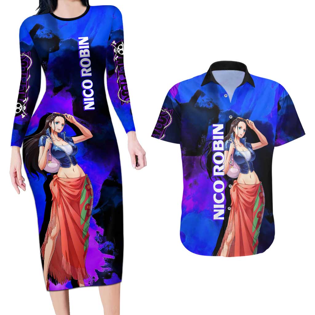 Nico Robin One Piece Purple and Blue Theme Couples Matching Long Sleeve Bodycon Dress and Hawaiian Shirt with Floral Cape and Archaeologist Pose Design - The Mazicc