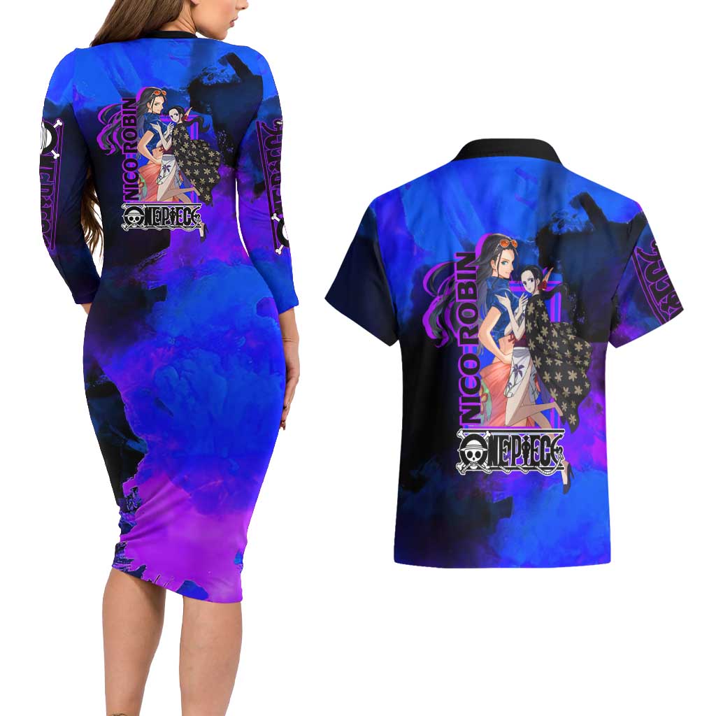 Nico Robin One Piece Purple and Blue Theme Couples Matching Long Sleeve Bodycon Dress and Hawaiian Shirt with Floral Cape and Archaeologist Pose Design - The Mazicc