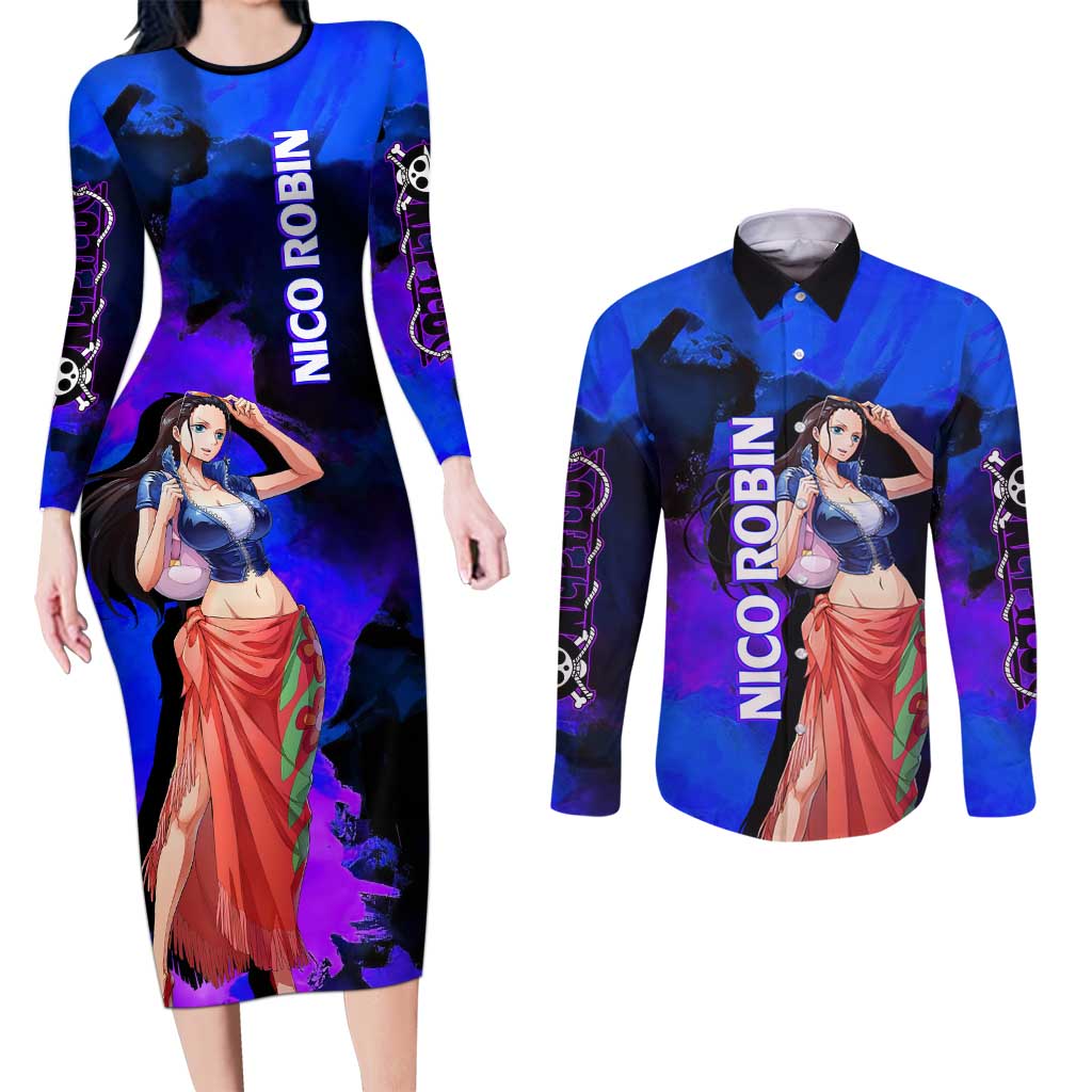 Nico Robin One Piece Purple and Blue Theme Couples Matching Long Sleeve Bodycon Dress and Long Sleeve Button Shirt with Floral Cape and Archaeologist Pose Design - The Mazicc